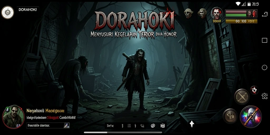 Screenshot gameplay DORAHOKI dengan suasana horor yang menegangkan.