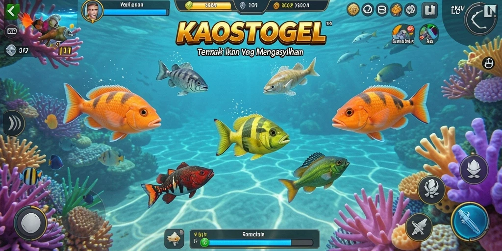 Tampilan gameplay KAOSTOGEL dengan ikan berwarna-warni yang siap ditangkap.