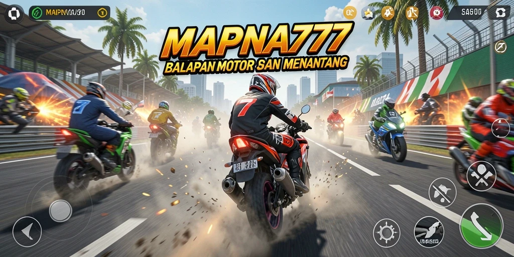 Screenshot gameplay MAPNA777 dengan aksi balapan motor yang seru.