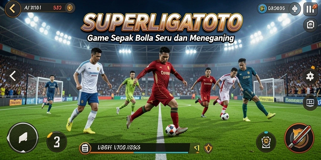 Tangkapan layar dari gameplay SUPERLIGATOTO yang menunjukkan aksi di lapangan.