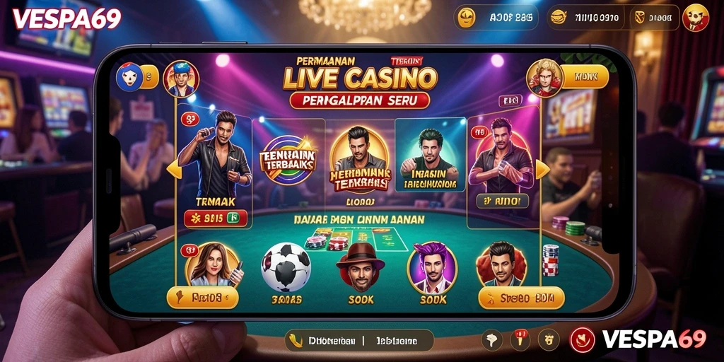 Tangkapan layar VESPA69 menampilkan dealer langsung dalam permainan seru Live Casino.